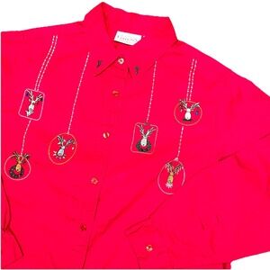 Vtg 90s Basic Editions Holiday Red Christmas Reindeer Embroidered Shirt Womens L